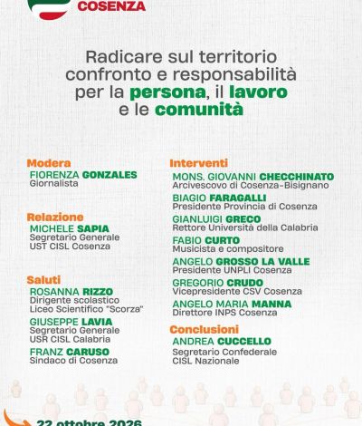 CISL Cosenza, Radicare sul territorio: confronto e responsabilità per la persona, il lavoro e le comunità